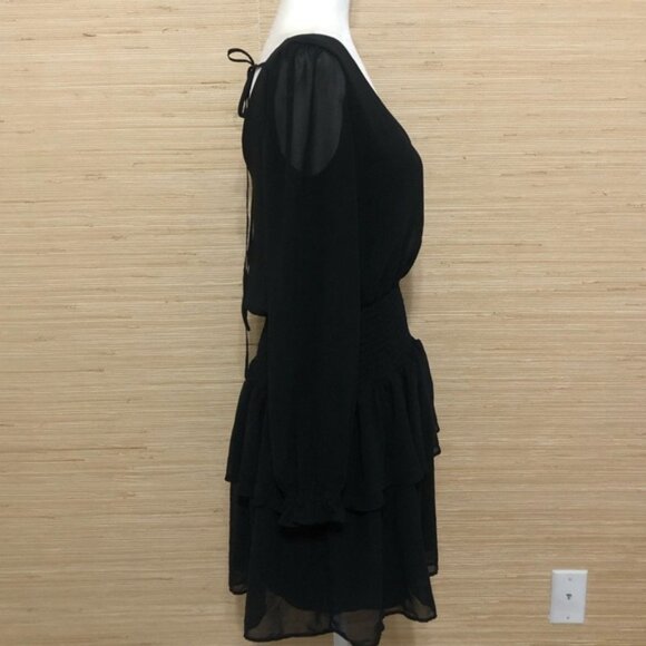 1.STATE (Revolve) RICH BLACK SMOCKED LONG SLEEVE RUFFLE MINI SWIRL DRESS XS - Picture 5 of 13